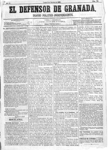 'El Defensor de Granada  : diario político independiente' - Año III Número 725  - 1882 Octubre 02