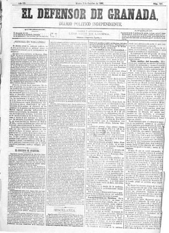 'El Defensor de Granada  : diario político independiente' - Año III Número 727  - 1882 Octubre 03