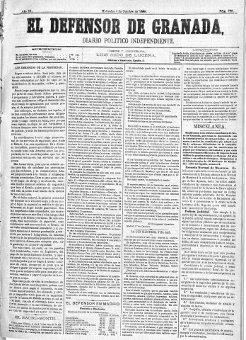 'El Defensor de Granada  : diario político independiente' - Año III Número 728  - 1882 Octubre 04