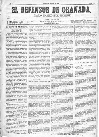 'El Defensor de Granada  : diario político independiente' - Año III Número 729  - 1882 Octubre 05