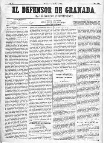 'El Defensor de Granada  : diario político independiente' - Año III Número 732  - 1882 Octubre 08