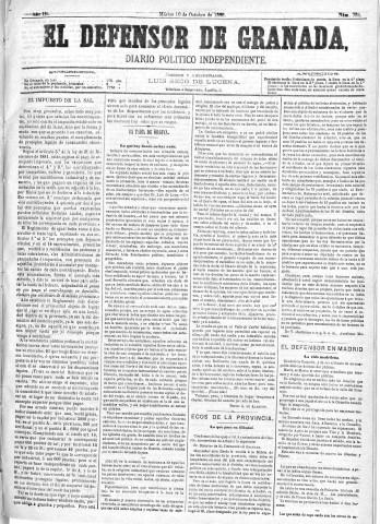 'El Defensor de Granada  : diario político independiente' - Año III Número 734  - 1882 Octubre 10