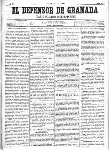 'El Defensor de Granada  : diario político independiente' - Año III Número 736  - 1882 Octubre 12