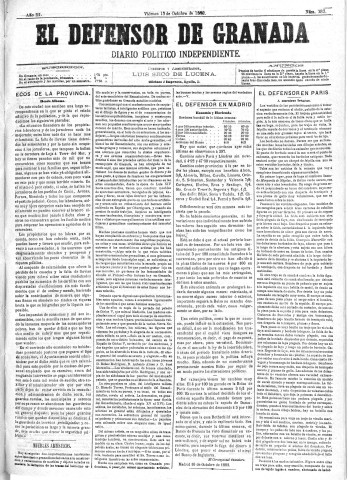 'El Defensor de Granada  : diario político independiente' - Año III Número 737  - 1882 Octubre 13