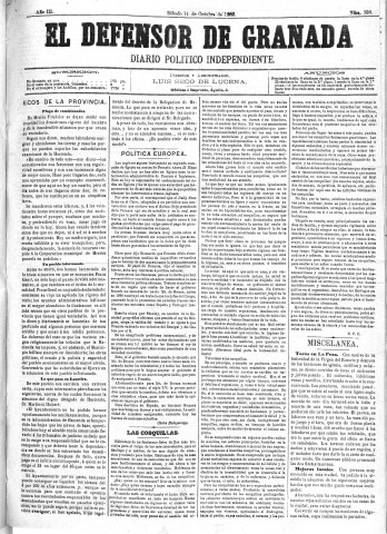 'El Defensor de Granada  : diario político independiente' - Año III Número 738  - 1882 Octubre 14