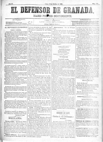 'El Defensor de Granada  : diario político independiente' - Año III Número 774  - 1882 Octubre 16
