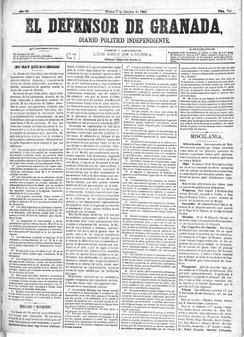 'El Defensor de Granada  : diario político independiente' - Año III Número 741  - 1882 Octubre 17