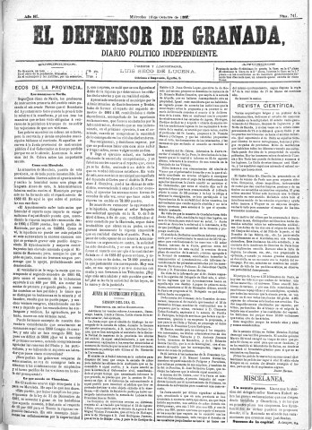 'El Defensor de Granada  : diario político independiente' - Año III Número 741  - 1882 Octubre 18