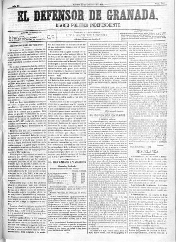 'El Defensor de Granada  : diario político independiente' - Año III Número 744  - 1882 Octubre 20