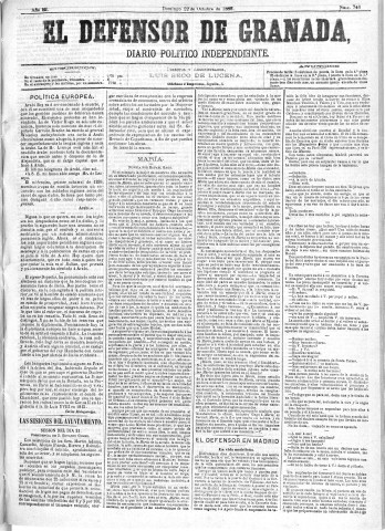 'El Defensor de Granada  : diario político independiente' - Año III Número 746  - 1882 Octubre 22
