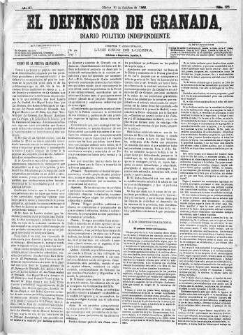 'El Defensor de Granada  : diario político independiente' - Año III Número 755  - 1882 Octubre 31