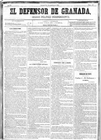 'El Defensor de Granada  : diario político independiente' - Año III Número 757  - 1882 Noviembre 02