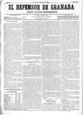 'El Defensor de Granada  : diario político independiente' - Año III Número 758  - 1882 Noviembre 03
