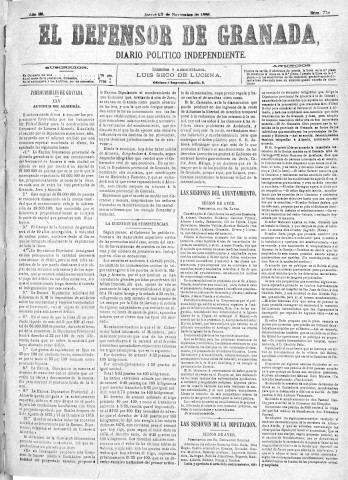'El Defensor de Granada  : diario político independiente' - Año III Número 778  - 1882 Noviembre 23