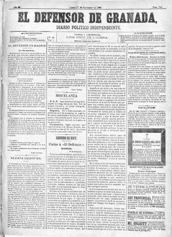 'El Defensor de Granada  : diario político independiente' - Año III Número 782  - 1882 Noviembre 27