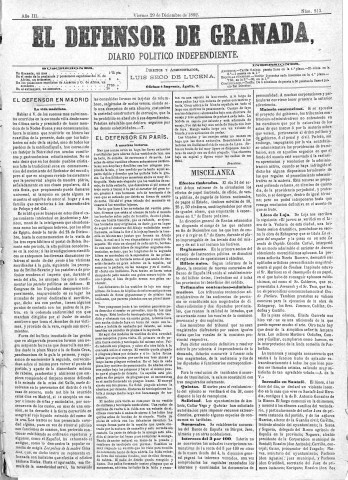 'El Defensor de Granada  : diario político independiente' - Año III Número 813  - 1882 Diciembre 29
