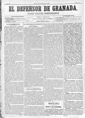 'El Defensor de Granada  : diario político independiente' - Año III Número 814  - 1882 Diciembre 30