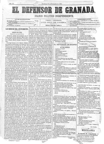 'El Defensor de Granada  : diario político independiente' - Año III Número 815  - 1882 Diciembre 31