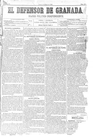 'El Defensor de Granada  : diario político independiente' - Año IV Número 819  - 1883 Enero 04
