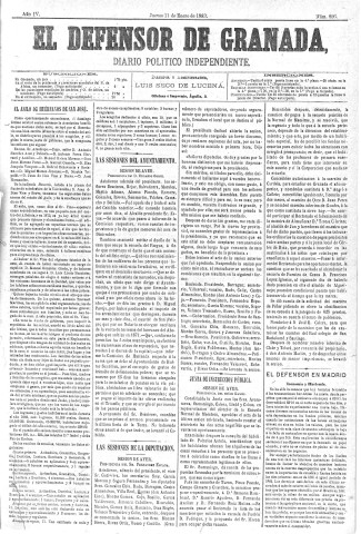 'El Defensor de Granada  : diario político independiente' - Año IV Número 826  - 1883 Enero 11