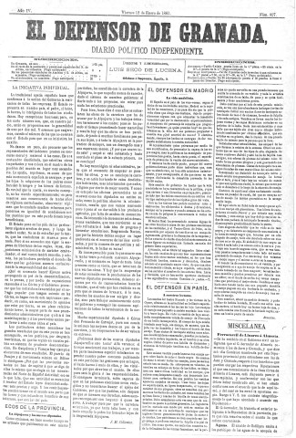 'El Defensor de Granada  : diario político independiente' - Año IV Número 827  - 1883 Enero 12