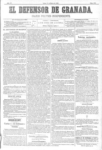 'El Defensor de Granada  : diario político independiente' - Año IV Número 830  - 1883 Enero 15