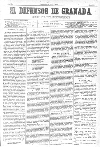 'El Defensor de Granada  : diario político independiente' - Año IV Número 832  - 1883 Enero 17