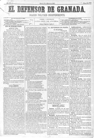 'El Defensor de Granada  : diario político independiente' - Año IV Número 838  - 1883 Enero 23