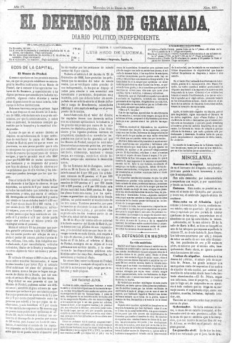 'El Defensor de Granada  : diario político independiente' - Año IV Número 839  - 1883 Enero 24