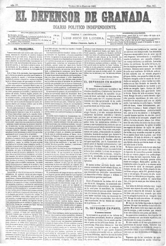 'El Defensor de Granada  : diario político independiente' - Año IV Número 841  - 1883 Enero 26