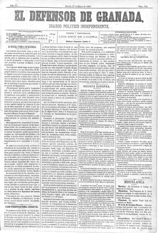 'El Defensor de Granada  : diario político independiente' - Año IV Número 842  - 1883 Enero 27
