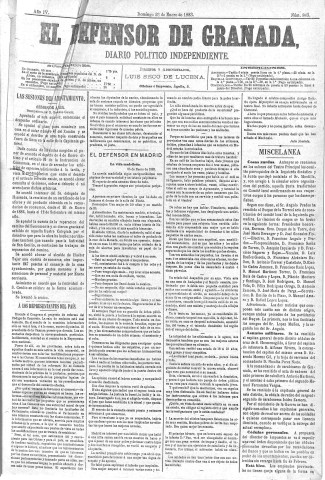 'El Defensor de Granada  : diario político independiente' - Año IV Número 843  - 1883 Enero 28