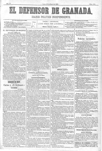 'El Defensor de Granada  : diario político independiente' - Año IV Número 844  - 1883 Enero 29
