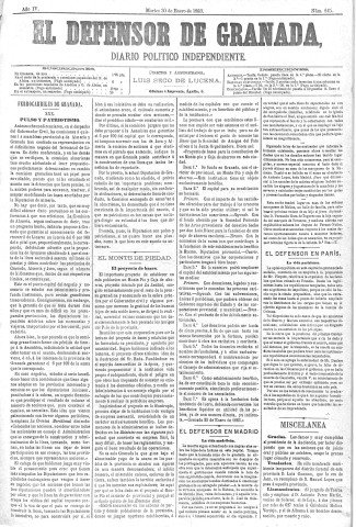'El Defensor de Granada  : diario político independiente' - Año IV Número 845  - 1883 Enero 30