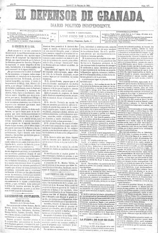 'El Defensor de Granada  : diario político independiente' - Año IV Número 847  - 1883 Febrero 01