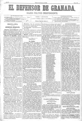 'El Defensor de Granada  : diario político independiente' - Año IV Número 848  - 1883 Febrero 02