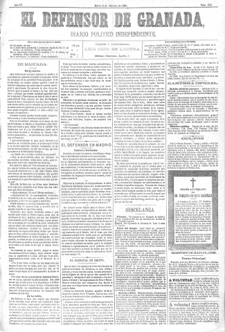 'El Defensor de Granada  : diario político independiente' - Año IV Número 852  - 1883 Febrero 06