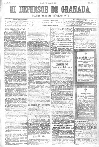 'El Defensor de Granada  : diario político independiente' - Año IV Número 853  - 1883 Febrero 07