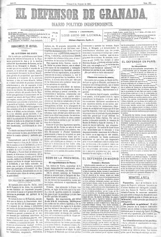 'El Defensor de Granada  : diario político independiente' - Año IV Número 855  - 1883 Febrero 09