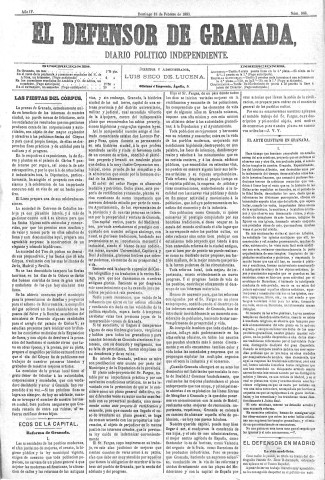 'El Defensor de Granada  : diario político independiente' - Año IV Número 868  - 1883 Febrero 18