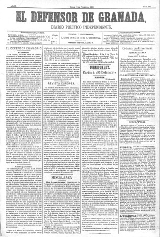 'El Defensor de Granada  : diario político independiente' - Año IV Número 869  - 1883 Febrero 19