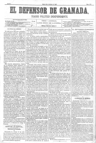 'El Defensor de Granada  : diario político independiente' - Año IV Número 870  - 1883 Febrero 20