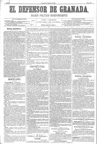 'El Defensor de Granada  : diario político independiente' - Año IV Número 872  - 1883 Febrero 26