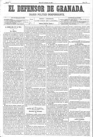 'El Defensor de Granada  : diario político independiente' - Año IV Número 873  - 1883 Febrero 27