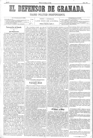 'El Defensor de Granada  : diario político independiente' - Año IV Número 880  - 1883 Marzo 06