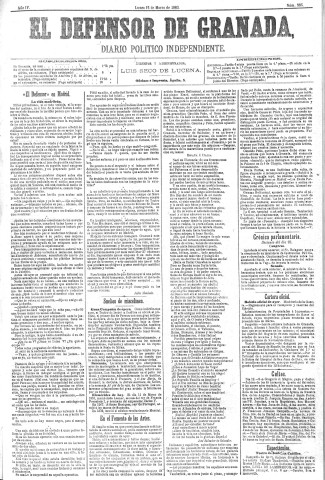 'El Defensor de Granada  : diario político independiente' - Año IV Número 886  - 1883 Marzo 12