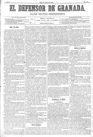 'El Defensor de Granada  : diario político independiente' - Año IV Número 894  - 1883 Marzo 20