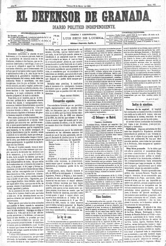 'El Defensor de Granada  : diario político independiente' - Año IV Número 903  - 1883 Marzo 30