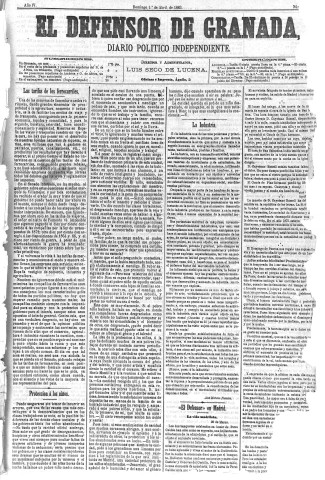 'El Defensor de Granada  : diario político independiente' - Año IV Número 905  - 1883 Abril 01