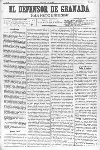 'El Defensor de Granada  : diario político independiente' - Año IV Número 914  - 1883 Abril 10